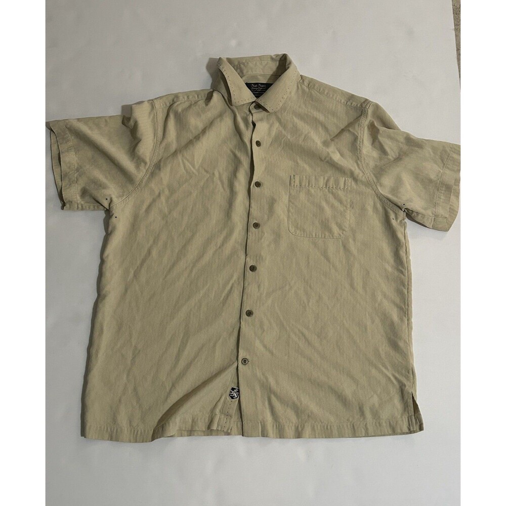 Nat Nast Men's American Fit  Button Front Shirt Size L Large 100% Silk Beige